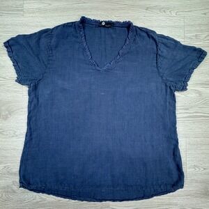 M Made in Italy Women's Top Linen Ruffle V-Neck Short Sleeve Blue Large Boho